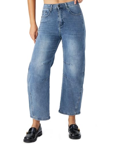 roswear Women's High Waisted Stretchy Wide Leg Cropped Barrel Jeans