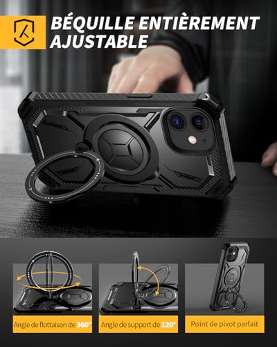 Housse iPhone 12/12 Pro blindée antichoc noire avec anneau support - 5