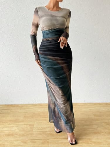 Image of LIGHT DOT Women's Printed Bodycon Maxi Dress Long Sleeve Tie Dye Mesh Ruched Cocktail Dress