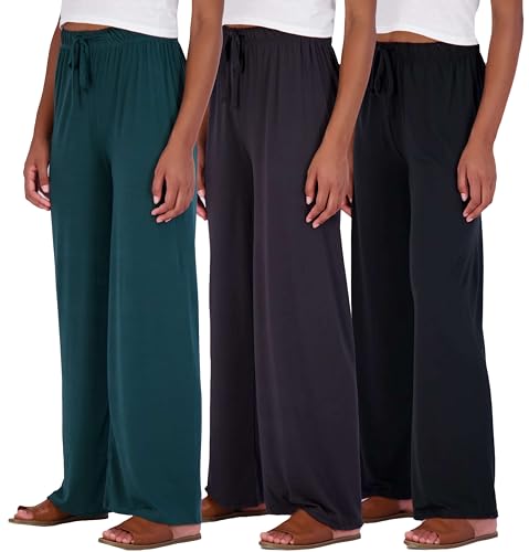 Real Essentials 3 Pack Soft Palazzo Pajama Pants for Women, Wide Leg Comfortable Casual Lounge Yoga Bottoms (Plus Size)