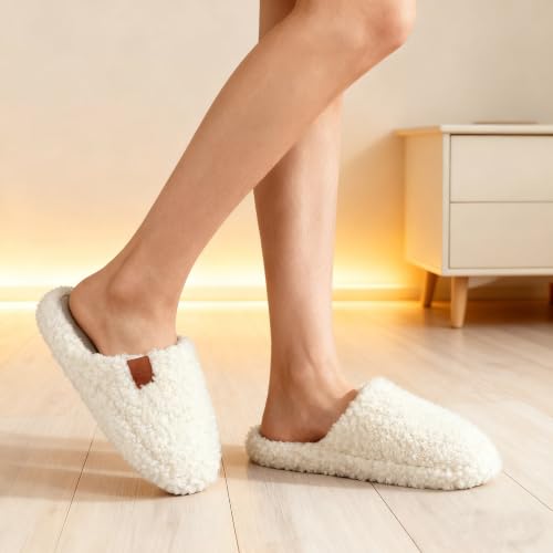 Image of Womens Fuzzy Slippers Wide Width Ladies Arch Support Memory Foam Slippers Warm Comfy faux fur Slip On Indoor House Shoes