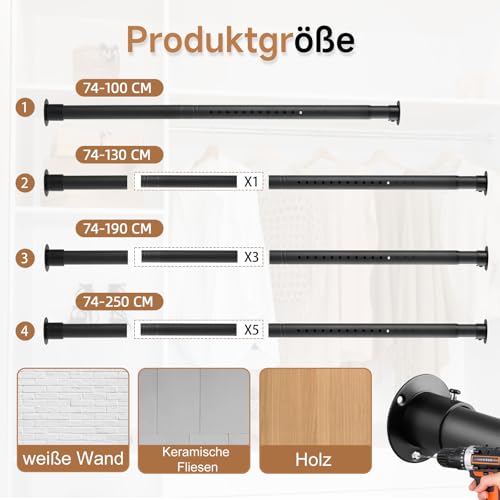 Garderobenstange Schwarz, Ausziehbare Kleiderstange 74-130cm,1 Set Teleskop-Schrankstange für Schlafzimmer Schrank-Kleiderstange （Durchmesser 32 x 28 mm）