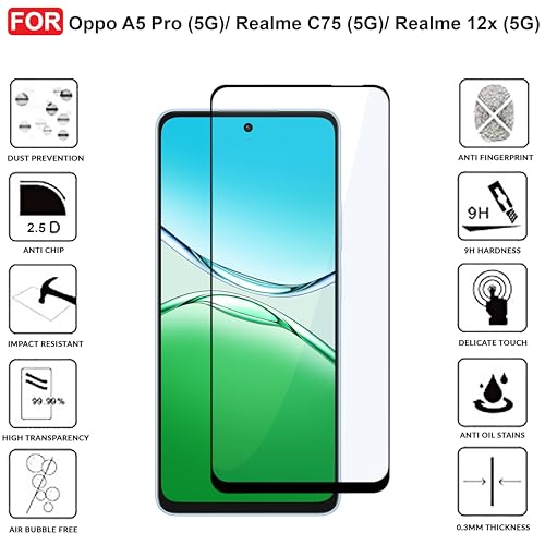 Image of CEDO Tempered Glass for Oppo A5 Pro /Realme C75 (5G) / Realme 12x (5G) | Screen Protector Full HD Quality Tempered Glass Anti-Scratch Edge to Edge Coverage with Easy Installation Kit (Black)