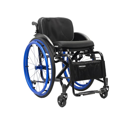 Image of Lightweight Wheelchair for Adults, Portable Folding Sports Chair, Self-propelled, Aluminum Alloy, with Handbrakes & Anti-Tip Wheels(Blue,16.9in Seat Width)