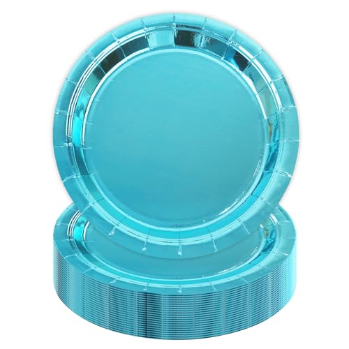 HiEnjoin 50PCS Blue Paper Plates 7 Inch Disposable Blue Foil Cake Dessert Plates Glitter Tableware Party Supplies for Wedding Anniversary Birthday Bridal Shower Decorations