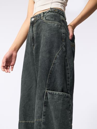 Image of The Souled Store: Barrel-Fit Denim: Women and Girls Washed Cotton Twill Barrel Fit Lightweight Adjustable Rise Everyday Casual Denim Jeans