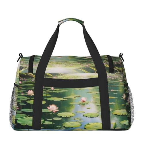Spirit of the Lotuses Print Travel Duffle Bag - Foldable Personal Item Travel Bag for Women & Men,Carry-On Convertible Crossbody Tote Bags with Adjustable Shoulder Strap & Pockets 13x10.2x19.7 in2