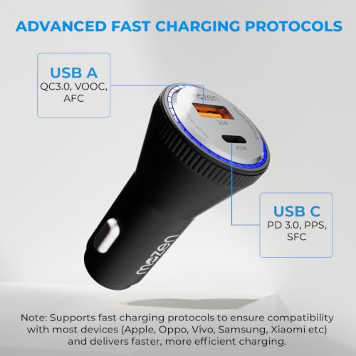 Image of MOZEN by Amkette 81W Dual Output Fast Car Charger with Type-C PD & USB, LED Indicator, Compatible with All Cars for iPhone & Android Smartphone, Smartwatch, Earbud, Power Bank (Black)