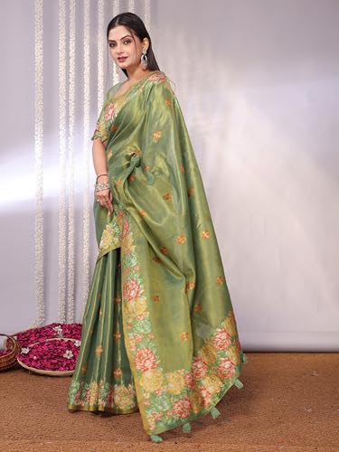 Image of SWORNOF Gold-Toned Woven Design Silk Zari Tissue Saree | Saree for Women | Soft and Skin Friendly