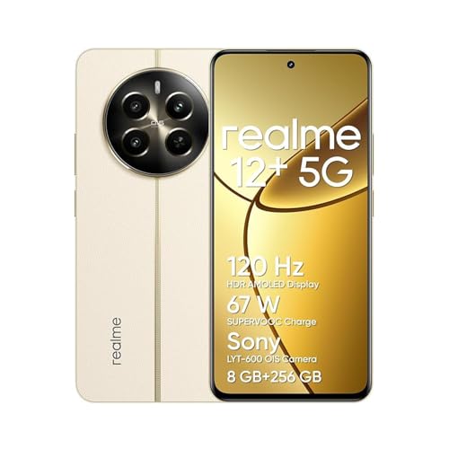 realme 12+ Teléfono Móvil 5G, 8+256GB, Cámara para Retratos Sony LYT-600 OIS, Pantalla AMOLED ultrafluida de 120 Hz, Conjunto de Chips Dimensity 7050 5G, 5000 mAh, NFC,no Incluye Adaptador (Gold)