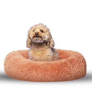 Purple Tails Donut Dog Bed – Premium Faux Fur Dog Bed for Small, Medium, Large Dogs – 30 inches Cozy and Comfortable Calming Dog Bed with Non-Slip Bottom – Ultra-Fluffy Pet Bed Includes Dog Ball Toy (Medium, Peach)