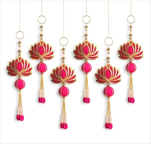 Image of Handcrafted Decorative Wall Decor Hanging Ornament for Ganpati Diwali Navratri and Pooja Setup Ethnic Hanging for Home Entrance and Mandir Temple Decor Set of 6 Lotus MDF Wood with Beads and Pearls
