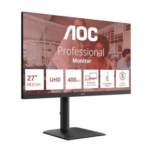 AOC U27E4CV 27 Zoll UHD-Monitor 60 Hz, IPS-Panel, 4 ms GtG, Adaptive Sync, HDR Ready, Höhenverstellung, Lautsprecher, (3840 x 2160 HDMI 2 x 2.0 DP 1 x 1.4 USB-Hub) Schwarz