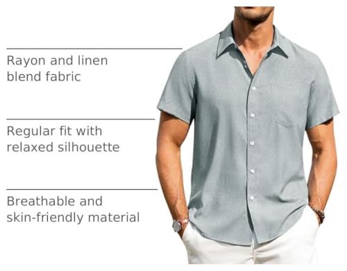 Image of Alimens & Gentle Mens Linen Shirts Short Sleeve Button Down Shirts Wrinkle Free Casual Vacation Beach Summer Tops