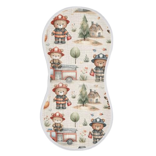 Muslin Baby Burp Cloths Set of 4, Soft Absorbent Cute Fireman Bear Cotton Burping Cloth, Milk Spit Up Rags for Newborn Unisex, 22 x 11 Inch