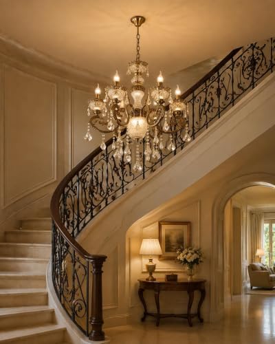 Image of Modern Crystal Chandelier, 8-Light Ceiling Light Glass Fixture, Antique Bronze with Crystal Droplets, Gold Designer Shades for Living, Dining, Bedroom, Staircase & Foyer with Filament Bulbs