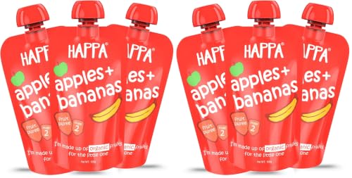 Image of Happa Organic Baby Food Apple and Banana Puree | 100% Fruits | No Added Sugar, No Milk Powder, No Preservatives | Stage 2 (6 Months+) | Ready to Eat | Free from Common Allergens | Pack of 6 (100g Each)