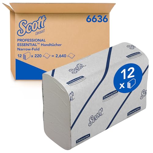 Scott Essential Papierhandtücher – weißes Handtuchpapier mit Narrowfold, effektives Händetrocknen, 100% Recyclingfasern, 12 Clips x 220 Falthandtücher (insges. 2.640 Tücher), Artikel-Nr. 6636