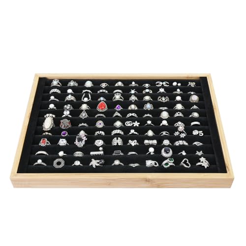 MOOCA 2 Pcs Bamboo Ring Display Tray Set with Black Suede Lining, Ring Organizer for Jewelry Storage and Display, Beige Color, 14W x 9.7D x 1.2H in by MOOCA - Image 3