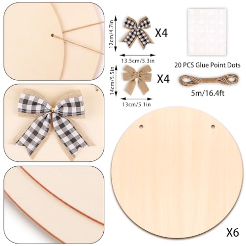 DIYDEC 6 Pack Wood Circles for Crafts 14 Inch Unfinished Wood Slices Blank Wooden Door Hanger Sign Round Wood Discs with Bows Twine Glue Point for DIY Crafts Painting Christmas Home Holiday Decor