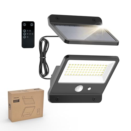 Image of Philips Solar Security Light Outdoor LED 6500K, Solar-Powered Flood Light w /PIR Motion Sensor, Remote Control w /16ft Cable, IP65 Waterproof, 3 Modes.