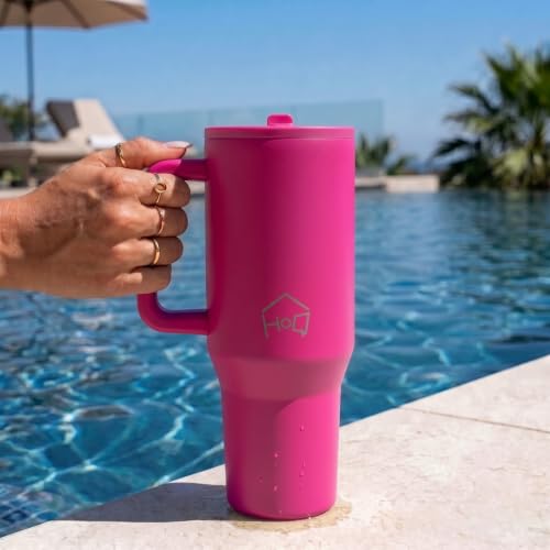 Image of House of Quirk 1200ML Tumbler with Handle & Simple Flip Straw - Car Cup Holder Friendly, Leak Resistant Stainless Steel Water Bottle with Rubber Base (Neon Magenta)