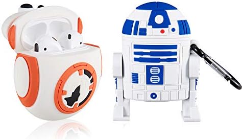 Jowhep Case for Airpod 2/1 Silicone Carton Design Cute Cover Fashion Funny Kawaii Skin Protective Accessories Shell for Airpods 1/2 Shockproof Cases with Keychain Kids Boys, Blue White Robot 2 Packs