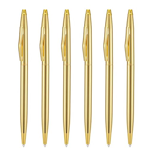 Wikult 6 Pieces Golden Slim Metal Ballpoint Pen, 1mm Medium Point Black Ink Smooth Writing, for Business Office Teacher Student Wedding Guest