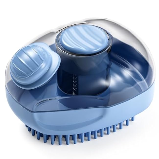 JIGA Cat Brush, Dog Bath Brush with Shampoo Dispensing, Dog Brush for Shedding with Self Cleaning, Dog Grooming Supplies, Blue-4y0uX5U0