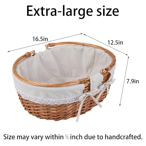 UoeRing Large Wicker Picnic Basket with Handles,Handle Sturdy Woven Body with Removable and Washable Lining,Outdoor Camping,Gift Packing,Garden Picking, Storage.White