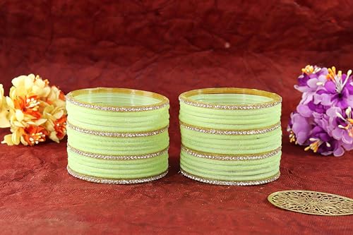 Image of NMII Fancy Glass Golden Zircon Diamond Stone & Velvet Finish Plain Bangles Set For Women & Girls | Glass Velvet Bangles | Kanch ki Chudiyan | Girl's Bangles Bracelet | Fashion Jewellery- Set of 32