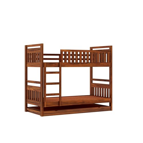 Image of Ganpati Arts Solid Sheesham Wood Swift Bunk Bed With Trundle Wooden Bunk Bed With Ladder For Bedroom Living Room Home (Natural Finish), Double