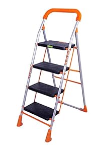 FLIPZON Foldable 4 Steps Ladder | Heavy Duty Ladder with Anti-Skid Shoes, Wide Steps - (Orange, Silver, Black)