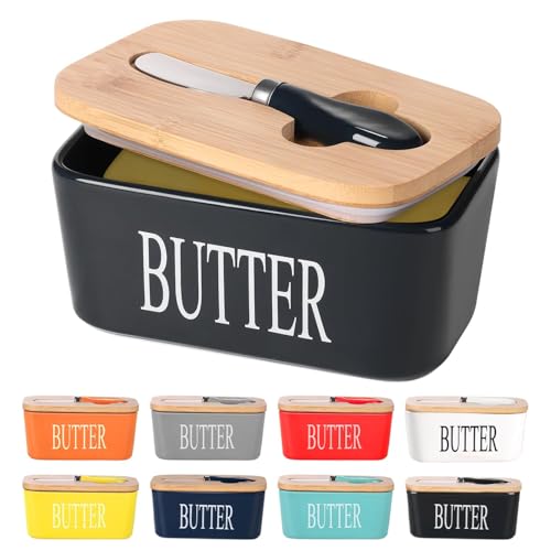 Image of Ceramic Butter Dish with Wooden Lid and Stainless Steel Knife, Large Butter Container Keeper with Bamboo Cover and Silicone Sealing Ring for West and East Coast Butter (Black)
