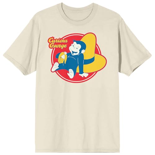 Curious George TV Monkey & Yellow Hat Adult Natural Crew Neck Short Sleeve T-shirt-3XL