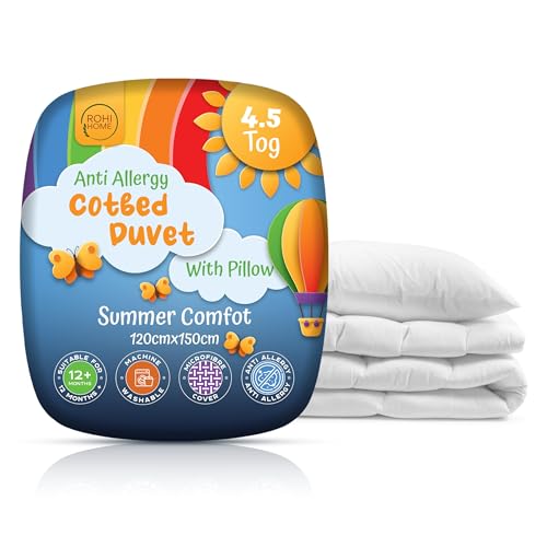 Rohi 4.5 tog Cot Bed Duvet and pillow set Microfibre Anti-Allergy Toddler Duvet & Pillow Lightweight Breathable & Ultra Comfy Baby Quilt 120cm x 150cm
