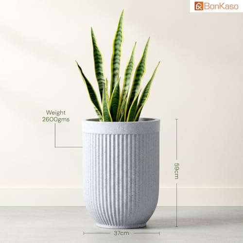 Image of Bonkaso 24 Inch Burj Khalifa Ribbed Planter for Indoor & Outdoor Use | Round Heavy Duty Polymer Flower Pot | Lightweight Weather Resistant Modern Gamla for Living Room Balcony & Terrace (White)