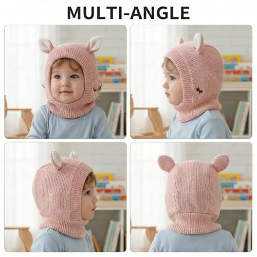 Image of Kraptick Winter Warm Ear Protection Knitted Woolen Unisex Baby Cap with Cute Animal Ears, Soft Fleece Lined Knit Hat with Ear Flaps, Stretchable Monkey Cap for Cold Weather -1