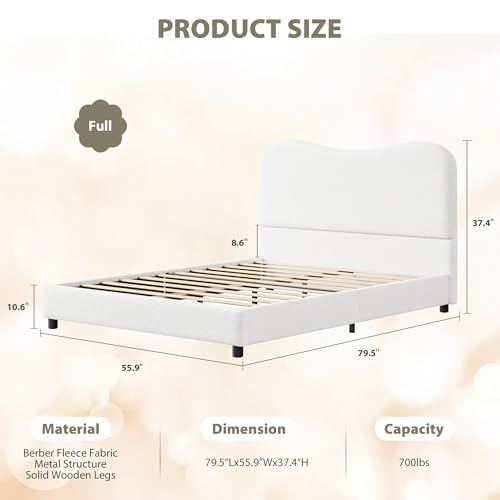 GarveeHome Full Size Bed Frame for Kids with Velvet Upholstered Headboard, Cute Low Profile Platform Bed for Girls and Boys, No Box Spring Needed, Strong Wooden Slats, Noise Free, Easy Assembly, White