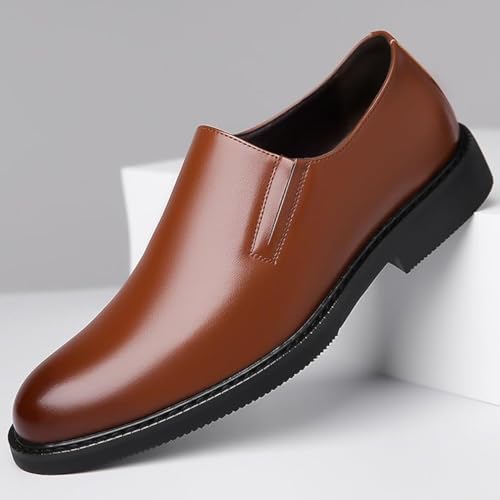 Men’s Slip-On Dress Shoes – Round Cap Toe Patent PU Leather Formal Business Loafers with Anti-Slip Rubber Sole Brown2