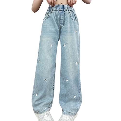 Tween Girls Baggy Jeans Wide Leg Denim Pants with Heart Embroidered Loose Fit Elastic Waistband Trousers