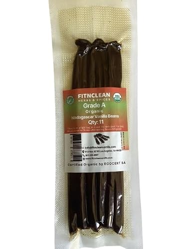 11 Madagascar Organic Vanilla Beans Grade A. Certified USDA Organic. ~6" by FITNCLEAN VANILLA for Cooking, Extract and Baking. Bourbon Fresh Gourmet NON-GMO Whole Pods - Thumbnail 6