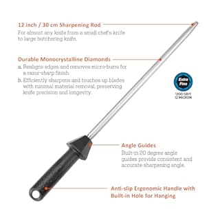 Sharpeak (a brand of SHARPAL) 110R Rod L. 12-Inch / 30 cm Monocrystalline Diamond Sharpening Steel Rod with Built-in Angle Guides, Knives Honer, Diamond Knife Steel Sharpener, Diamant Fusil à Aiguiser