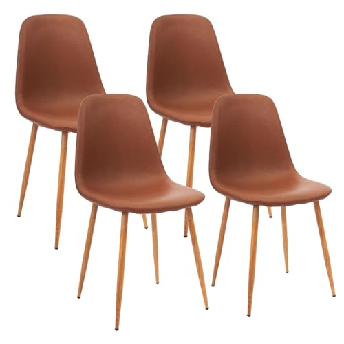 CangLong Dining Chairs Set of 4, Modern Kitchen Dining Room Chairs, Upholstered Dining Accent Side Chairs in Faux Leather Cushion Seat and Sturdy Metal Legs, Brown
