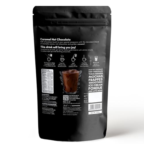 Image of COCOSUTRA Caramel Hot Chocolate Mix | Enjoy hot or cold | 500 g | Gluten Free Drinking Chocolate Powder | No Preservatives | Ready in 2 Minutes | Serves 25 Cups | 100% Natural & Vegan, Serves 20 Cups, Enjoy Hot or Cold