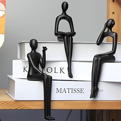 Kilarero 3Pcs Modern Shelf Decor for Home Office Living Room Table Desktop, Sitting Thinker Statue Abstract Sculpture Statue Home Decor Resin(Black-2)