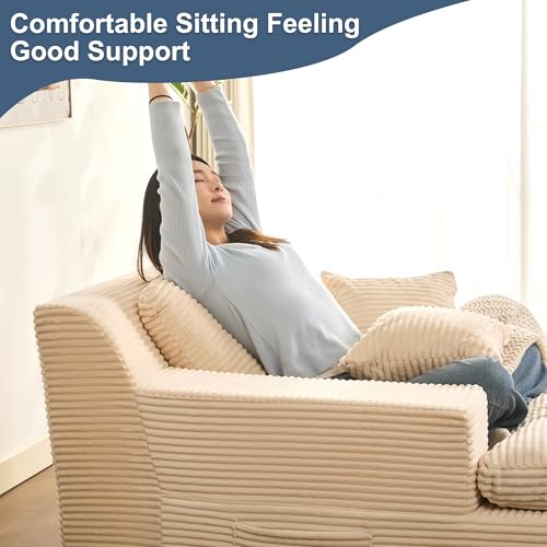 63" Chaise Lounge Chair Indoor, Set of Convertible Sleeper Sofa Couch with Throw Pillows & Side Pockets, Corduroy Upholstered Oversized Sofa Bed with Armrests for Living Room Bedroom, Beige