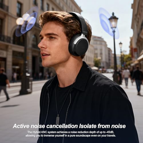 Anjetsun Auriculares Inalámbricos Bluetooth Over-Ear ANC – Cancelación Activa de Ruido con 4 Micrófonos, 80H de Autonomía, Graves Potentes, Diseño Plegable, Almohadillas de Memoria,Negro - imagen 8