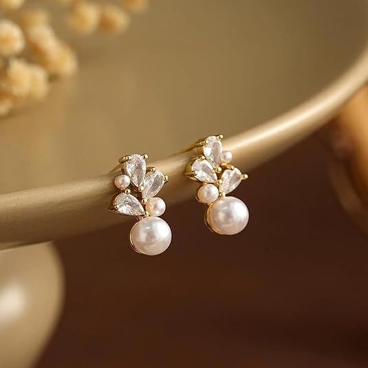 Pearl Cluster Clip on Earrings Non Pierced Pearls Jewelry Elegant Teardrop Cubic Zirconia Cluster Earrings For Women Wedding Jewelry Bridesmaid Gift Hypoallergenic - Image 3
