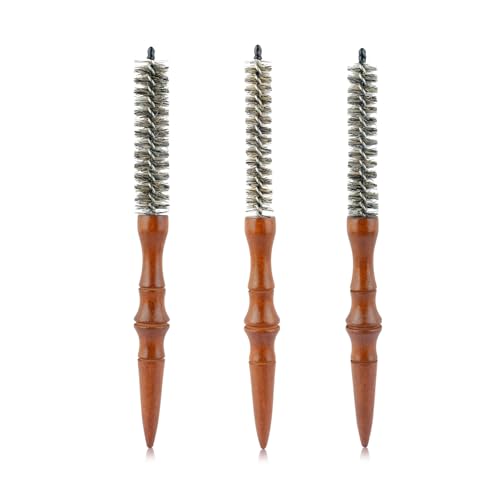 3 Pieces Small Round Brush Set, 15/17/20mm Wooden Handle Boar Bristle Hair Brush for Women Men Short Hair, Bangs, Roots, Straight, Curling